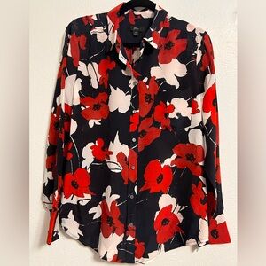 J. Crew Red and Black Floral Button Down Long Sleeve Shirt Blouse Size 12